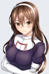  ashigara_(kantai_collection) blush breasts brown_eyes brown_hair crossed_arms elbow_gloves gloves grey_background hairband kantai_collection large_breasts looking_at_viewer tapisuke 