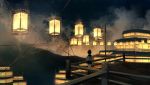  1girl black_hair black_skirt clouds facing_away kyarage_(soda) lantern night night_sky original outdoors railing scenery school_uniform short_hair skirt sky solo standing 