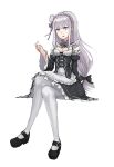  1girl absurdres alternate_costume braid breasts cleavage emilia_(re:zero) enmaided flower hair_flower hair_ornament highres jijinjiji legs_crossed long_hair looking_at_viewer low-tied_long_hair maid medium_breasts pantyhose re:zero_kara_hajimeru_isekai_seikatsu sitting solo violet_eyes white_hair white_legwear 