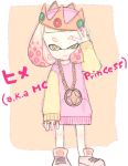  1girl bangs blunt_bangs chain_necklace character_name crown full_body hime_(splatoon) jewelry looking_at_viewer mole mole_under_mouth pink_hair ring shoes short_hair sneakers splatoon splatoon_2 sweatshirt tentacle_hair yellow_eyes 