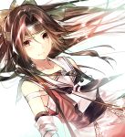  1girl 3: blush brown_hair commentary_request floating_hair forehead_protector hair_ribbon hario_4 jintsuu_(kantai_collection) kantai_collection neckerchief red_eyes remodel_(kantai_collection) ribbon sailor_collar sarashi solo white_sailor_collar 