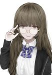  adjusting_eyewear bangs black_jacket brown_eyes brown_hair glasses hand_up highres jacket jijinjiji long_hair looking_at_viewer original school_uniform smile upper_body white_background zipper 