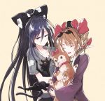 2girls animal beige_background black_cat black_hat blue_bow blue_eyes blue_hair bow brown_hair cat closed_eyes collar debt dog drill_hair earrings eyewear_on_head hair_bow hat hisona_(suaritesumi) holding holding_animal hood hood_down hoodie jacket jewelry long_hair multiple_girls necklace purple_jacket red_bow ring shiny shiny_hair siblings simple_background sisters smile sunglasses top_hat touhou twin_drills very_long_hair yorigami_jo&#039;on yorigami_shion 