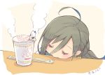  1girl ahoge chopsticks closed_eyes colis commentary_request grey_hair kantai_collection kiyoshimo_(kantai_collection) long_hair ramen sleeping solo trophy twintails twitter_username upper_body very_long_hair 