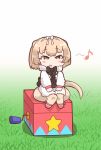 1girl :d anteater_ears anteater_tail black_bow black_neckwear blonde_hair bow bowtie box brown_eyes chibi fur_collar grass hairband kemono_friends musical_note open_mouth playground_equipment_(kemono_friends_pavilion) short_hair silky_anteater_(kemono_friends) sitting smile solo star tail tanaka_kusao white_hairband