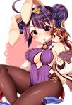  2girls absurdres ahoge animal_ears azur_lane bangs bare_shoulders bell blush breasts brown_hair brown_legwear chiitamu cleavage commentary_request covered_navel double_bun eyebrows_visible_through_hair fingernails fur-trimmed_jacket fur_trim hair_between_eyes hairband highres jacket jingle_bell large_breasts leotard long_sleeves minigirl multiple_girls ning_hai_(azur_lane) off_shoulder pantyhose parted_lips ping_hai_(azur_lane) puffy_long_sleeves puffy_sleeves purple_hair purple_leotard rabbit_ears red_eyes side_bun sitting upper_teeth violet_eyes white_hairband white_jacket 