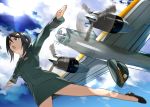  1girl absurdres aircraft airplane bangs black_eyes black_footwear black_hair black_neckwear chouno_ami clouds cloudy_sky day dress_shirt female_service_cap flats from_below girls_und_panzer green_jacket green_shirt green_skirt hat hat_removed headwear_removed highres inou_takashi jacket japan_ground_self-defense_force jumping lens_flare long_sleeves military military_hat military_uniform miniskirt necktie open_mouth outdoors outstretched_arms pantyhose pencil_skirt sheer_legwear shirt shoes short_hair skirt sky skydive solo spread_arms swept_bangs triangle_mouth uniform v-shaped_eyebrows vehicle_request 