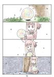  1girl 4koma bangs blunt_bangs cerulean_(kemono_friends) cherry_blossoms comic grass highres japanese_crested_ibis_(kemono_friends) kemono_friends murakami_rei page_number sandstar silent_comic sitting solo sphere tree under_tree 