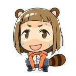  1girl :d animal_ears bangs blunt_bangs boots brown_eyes brown_hair chibi coat commentary_request denden embarrassed open_mouth pants raccoon_ears raccoon_tail simple_background smile solo sora_yori_mo_tooi_basho squatting sweatdrop tail tamaki_mari tan tanline white_background 
