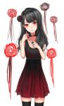  1girl absurdres black_hair black_legwear bloody_knife choker flower gradient_dress hair_flower hair_ornament highres jijinjiji knife long_hair looking_at_viewer original parted_lips red_eyes solo standing thigh-highs yandere zettai_ryouiki 