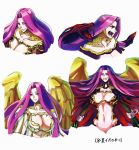  1girl breasts chains cleavage cuffs fangs fate/grand_order fate_(series) forehead fuchino gorgon_(fate) grin highres large_breasts long_hair looking_at_viewer multiple_views navel purple_hair rider scales shackles smile snake_hair sweatdrop translation_request upper_body very_long_hair violet_eyes white_background wings 