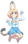  1girl absurdres alternate_costume animal_ears bare_shoulders blonde_hair blush bow bowtie contemporary elbow_gloves eyebrows_visible_through_hair gloves highres initsukkii kemono_friends multicolored_hair no_shoes paw_pose pleated_skirt school_uniform serafuku serval_(kemono_friends) serval_ears serval_print serval_tail short_hair skirt solo striped striped_legwear tail thigh-highs 
