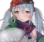  1girl alternate_hairstyle bags_under_eyes bangs blush brown_eyes confetti g11_(girls_frontline) girls_frontline green_jacket hair_between_eyes half-closed_eyes hanato_(seonoaiko) holding holding_pillow jacket light_particles long_hair looking_at_viewer open_clothes open_mouth pillow portrait red_scarf scarf scarf_on_head shirt shoulder_cutout sidelocks silver_hair simple_background solo twintails white_background 