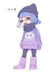  1girl bangs beanie black_hat black_scarf blue_hair blue_tongue blunt_bangs boots breath color_guide domino_mask fangs full_body hat highres inkling inkling_(language) leggings long_sleeves looking_at_viewer mask medium_hair open_mouth pointy_ears print_shirt puchiman purple_footwear purple_shirt scarf shirt simple_background sleeves_past_wrists smile snow solo splatoon splatoon_2 standing sweatshirt tentacle_hair violet_eyes white_background winter_clothes 