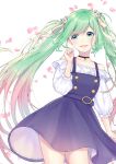  1girl blue_dress choker cowboy_shot dress eyebrows_visible_through_hair flower gradient_hair green_eyes green_hair hair_flower hair_ornament hair_ribbon hatsune_miku highres long_hair mizuiro_32 multicolored_hair nail_polish open_mouth petals pink_hair ribbon solo twintails very_long_hair vocaloid white_background 