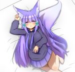  1girl :o absurdres animal_ears arm_up bangs barefoot bed_sheet black_hoodie blush commentary_request drawstring eyebrows_visible_through_hair fang fox_ears fox_girl fox_tail hair_between_eyes hair_ornament highres hood hood_down hoodie idaten93 long_hair long_sleeves looking_at_viewer lying on_back original parted_lips pleated_skirt purple_hair purple_skirt sidelocks skirt solo tail till_(idaten93) very_long_hair violet_eyes x_hair_ornament 