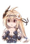  1girl absurdres ahoge bangs bare_shoulders black_ribbon blonde_hair blue_dress blue_gloves blush breasts brown_eyes cleavage collarbone detached_sleeves dress elbow_gloves em empty_eyes eyebrows_visible_through_hair flower gloves granblue_fantasy hair_between_eyes hair_flower hair_ornament hair_ribbon highres horns jeanne_d&#039;arc_(granblue_fantasy) long_hair long_sleeves low-tied_long_hair medium_breasts milli_little parted_lips ribbon shaded_face simple_background solo very_long_hair white_background white_flower 