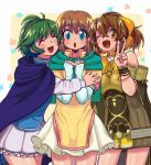  3girls bare_shoulders blue_eyes bow bracelet breasts brown_hair capelet cloak closed_eyes cowboy_shot dress dyute_(fire_emblem) elbow_gloves fang fingerless_gloves fire_emblem fire_emblem:_akatsuki_no_megami fire_emblem:_rekka_no_ken fire_emblem:_souen_no_kiseki fire_emblem_echoes:_mou_hitori_no_eiyuuou fire_emblem_heroes gloves green_hair hair_bow hair_tubes hairband hug jewelry looking_at_viewer magokoro_bento miniskirt mist_(fire_emblem) multiple_girls nino_(fire_emblem) one_eye_closed open_mouth orange_eyes short_dress short_hair short_ponytail skirt small_breasts smile v white_gloves 