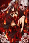  1girl apt bare_shoulders black_hair black_legwear black_nails braid breasts cleavage groin gyakushuu_no_fantasica highres long_hair looking_at_viewer nail_polish official_art red_eyes sandals single_thighhigh skull smile solo thigh-highs very_long_hair 