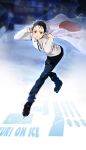  1boy al_(ahr) black_hair brown_eyes copyright_name flag hair_slicked_back highres ice_skates jacket japanese_flag katsuki_yuuri male_focus skates skating_rink smile sparkle track_jacket yuri!!!_on_ice 