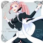 1girl anniversary apron blue_eyes breasts copyright_name cowboy_shot dagger feh_(fire_emblem_heroes) felicia_(fire_emblem_if) fire_emblem fire_emblem_heroes fire_emblem_if grey_background index_finger_raised long_hair looking_at_viewer maid maid_apron maid_headdress medium_breasts open_mouth pink_hair ponytail simple_background smile solo tyotto_ko_i weapon 