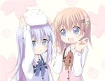  2girls :d :o angora_rabbit animal animal_on_head arms_up ayanepuna bangs beige_background blue_bow blue_eyes blue_hair blue_vest blush bow brown_bow collared_shirt commentary_request eyebrows_visible_through_hair fingernails gochuumon_wa_usagi_desu_ka? hair_between_eyes hair_ornament hairclip hands_up hoto_cocoa index_finger_raised kafuu_chino light_brown_hair long_sleeves looking_at_viewer multiple_girls on_head open_mouth parted_lips pink_vest rabbit rabbit_house_uniform shirt smile tippy_(gochiusa) uniform vest white_shirt x_hair_ornament 