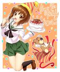  1girl :d artist_name bandaid bangs black_legwear black_neckwear blouse boko_(girls_und_panzer) brown_eyes brown_hair cake cast commentary confetti dated english eyebrows_visible_through_hair food fork gift girls_und_panzer green_skirt happy_birthday hat holding jumping loafers long_sleeves looking_at_viewer miniskirt neckerchief nishizumi_miho ooarai_school_uniform open_mouth orange_background outside_border parda_siko party_hat plate pleated_skirt school_uniform serafuku shoes short_hair signature skirt smile socks solo stuffed_animal stuffed_toy teddy_bear white_blouse 