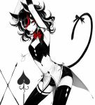  1girl absurdres animal_ears arms_up artist_name bare_arms bare_shoulders black_hair black_legwear bow breasts card cat_ears cat_tail cleavage cowboy_shot highres horns kemonomimi_mode kijin_seija limited_palette medium_breasts medium_hair mouth_hold neck_bow red_bow red_eyes red_neckwear redhead ribbon sheya shirt short_shorts shorts signature simple_background sleeveless sleeveless_shirt solo spot_color standing tail tail_ribbon thigh-highs touhou white_background white_hair 