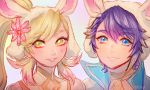 1boy 1girl alfonse_(fire_emblem) animal_ears blonde_hair blue_hair blush brother_and_sister bunny_girl bunnysuit cape earmuffs fire_emblem fire_emblem_heroes green_eyes long_hair looking_at_viewer multicolored_hair onisuu open_mouth rabbit_ears sharena short_hair siblings simple_background smile white_background 