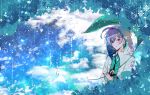  1boy ahoge ainchase_ishmael blush_stickers clouds cloudy_sky colored earrings elsword eyebrows_visible_through_hair gloves green_eyes grey_hair highres hood jewelry leaf_umbrella light_blue_hair multicolored_hair plant pluto(zrxh3322) rain single_glove sky smile snowflakes solo two-tone_hair 