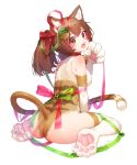 1girl 1up animal_ears ass back bangs bare_shoulders bell bell_collar blush breasts brown_eyes brown_hair cat_ears cat_tail claws collar cursive english food_themed_hair_ornament from_behind full_body fur green_ribbon hair_between_eyes hair_ornament hair_ribbon hakura_kusa hand_up head_tilt highres jingle_bell looking_at_viewer looking_back medium_breasts medium_hair merry_christmas mushroom_hair_ornament on_floor open_mouth original paw_pose paws red_collar red_ribbon ribbon see-through shiny shiny_hair shiny_skin shoulder_blades signature simple_background sitting solo super_mario_bros. tail twintails wariza white_background
