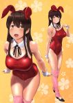  1girl akagi_(kantai_collection) animal_ears bare_legs black_footwear blush breasts brown_hair bunny_girl cleavage competition_school_swimsuit covered_navel detached_collar fake_animal_ears floral_background full_body highres kantai_collection large_breasts leaning_forward leg_warmers long_hair looking_at_viewer multiple_views open_mouth pink_legwear rabbit_ears red_swimsuit school_swimsuit shoes smile swimsuit swimsuit_pull upper_body wa_(genryusui) wrist_cuffs yellow_background 