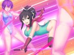  3girls :d alternate_costume ass asuka_(senran_kagura) bangs bare_shoulders black_legwear blue_leotard blush breasts brown_eyes brown_hair character_request closed_eyes collarbone covered_navel dual_wielding glint gluteal_fold green_leotard hai_(h81908190) hair_ribbon holding holding_sword holding_weapon kneepits large_breasts leotard long_hair looking_at_viewer multicolored multicolored_background multiple_girls open_mouth out_of_frame ponytail purple_hair red_scarf ribbon scarf see-through senran_kagura senran_kagura_(series) shirt short_sleeves sidelocks skirt small_breasts smile sword thigh-highs thighs v-shaped_eyebrows weapon white_ribbon yellow_leotard 