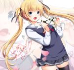  1girl azuma_yuki black_legwear black_ribbon black_skirt blonde_hair blue_eyes commentary_request cowboy_shot eyewear_removed fang hair_ribbon happy_birthday long_hair long_legs open_mouth ribbon saenai_heroine_no_sodatekata sailor_collar sawamura_spencer_eriri school_uniform serafuku skirt smile solo standing sweater_vest thigh-highs twintails white_sailor_collar zoom_layer 