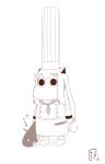 (o)_(o) 1girl apron chef_hat chef_uniform commentary_request cosplay hat holding holding_knife horns i-class_destroyer kantai_collection kawaii_cook-san kitchen_knife knife long_hair mittens monochrome moomin moomintroll muppo northern_ocean_hime sazanami_konami shinkaisei-kan shoes sidelocks solo tail teeth tonberry translation_request 