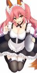  1girl :d animal_ears apron bangs black_legwear blush breasts cleavage eyebrows_visible_through_hair fate/extra fate/grand_order fate_(series) fox_ears fox_shadow_puppet fox_tail frilled_apron frills hair_between_eyes holding kneeling large_breasts long_hair looking_at_viewer open_mouth pink_hair simple_background smile solo sukebewe tail tamamo_(fate)_(all) tamamo_no_mae_(fate) teeth thigh-highs tray twintails waist_apron waitress wavy_hair white_background yellow_eyes 