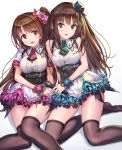  2girls :d bangs bare_shoulders black_bow black_legwear black_ribbon blush bow breasts brown_eyes brown_hair chains corset dress eyebrows_visible_through_hair flower frilled_dress frills green_eyes green_neckwear hair_bow hair_flower hair_ornament hat hhama highres idolmaster idolmaster_cinderella_girls long_hair looking_at_viewer medium_breasts microphone mini_hat mini_necktie mini_top_hat multiple_girls necktie no_shoes one_side_up open_mouth red_neckwear ribbon ribbon_trim shibuya_rin shimamura_uzuki short_sleeves simple_background sitting skindentation sleeveless smile thigh-highs top_hat underbust white_background wrist_cuffs zettai_ryouiki 