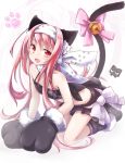  1girl akino_coto all_fours animal_ears bare_shoulders bell blush_stickers cat_ears gloves highres long_hair looking_at_viewer open_mouth original paw_gloves paws pink_hair red_eyes ribbon solo strapless tail tail_bell tail_ribbon tubetop 