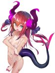  1girl akieda bikini blue_eyes blush breasts commentary_request curled_horns dragon_girl dragon_tail elizabeth_bathory_(fate) elizabeth_bathory_(fate)_(all) eyebrows_visible_through_hair fang fate/extra fate/grand_order fate_(series) highres long_hair looking_at_viewer micro_bikini navel open_mouth pink_hair pointy_ears shiny shiny_hair shiny_skin simple_background small_breasts solo standing swimsuit tail white_background white_bikini 