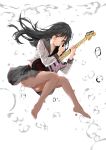  1girl absurdres air_bubble barefoot black_hair blush bubble eyebrows_visible_through_hair fujisaki_ribbon green_eyes guitar highres instrument long_hair looking_at_viewer original panties plaid plaid_skirt school_uniform see-through serafuku skirt solo stratocaster underwater underwear wet wet_clothes 