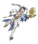  1boy alfonse_(fire_emblem) alternate_costume animal_ears animal_hat blue_eyes blue_gloves blue_hair collarbone easter_egg fake_animal_ears fire_emblem fire_emblem_heroes flower full_body gloves hairband hat highres holding kozaki_yuusuke leg_up male_focus multicolored_hair open_mouth pectorals rabbit_ears solo spoon streaked_hair sweatdrop 