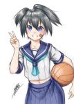  1girl bandaid basketball black_hair black_rock_shooter blue_eyes blush highres isaki_tanaka kuroi_mato navel school_uniform serafuku short_hair short_twintails signature smile solo twintails v 