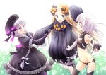  3girls :d abigail_williams_(fate/grand_order) arm_grab bandage bandaged_arm bangs bare_shoulders beret black_bow black_dress black_gloves black_hat black_legwear black_panties black_shirt blonde_hair bloomers blue_eyes blush bow braid breasts butterfly commentary_request doll_joints dress elbow_gloves fate/extra fate/grand_order fate_(series) fingerless_gloves frilled_dress frilled_sleeves frills gloves green_eyes hair_bow hat hat_removed headwear_removed houwasekai jack_the_ripper_(fate/apocrypha) long_hair long_sleeves low_twintails multiple_girls navel nursery_rhyme_(fate/extra) open_mouth orange_bow panties parted_bangs pointing polka_dot polka_dot_bow profile puffy_short_sleeves puffy_sleeves scar scar_across_eye shirt short_sleeves shoulder_tattoo silver_hair single_fingerless_glove single_glove sleeve_tug sleeveless sleeveless_shirt sleeves_past_fingers sleeves_past_wrists small_breasts smile tattoo thigh-highs twin_braids twintails underwear upper_teeth very_long_hair violet_eyes white_bloomers white_bow 