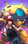  1girl amber_harris baseball_cap breasts brown_eyes brown_hair cleavage commentary cosplay d.va_(overwatch) facepaint facial_mark fingerless_gloves gloves green_gloves hat holding holding_poke_ball jacket large_breasts long_hair looking_at_viewer mecha meka_(overwatch) open_clothes open_jacket overwatch pikachu poke_ball pokemon pokemon_(anime) satoshi_(pokemon) satoshi_(pokemon)_(cosplay) short_sleeves signature solo watermark web_address whisker_markings 