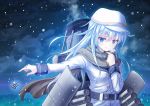  1girl bangs belt black_scarf blue_eyes blush cannon clouds cloudy_sky eyebrows_visible_through_hair flat_cap glint hair_between_eyes hammer_and_sickle hat hibiki_(kantai_collection) kantai_collection long_hair long_sleeves looking_at_viewer night night_sky outdoors outstretched_arm parted_lips rigging roman_numerals scarf shiny shiny_hair silver_hair sky snowing solo star torpedo_tubes tsurime turret upper_body verniy_(kantai_collection) very_long_hair white_coat white_hat winter yatsu_seisakusho 