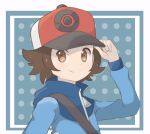  1boy brown_eyes brown_hair chocomiru hat hilbert_(pokemon) pokemon pokemon_(game) pokemon_bw polka_dot polka_dot_background short_hair solo strap 