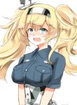  10eki_(tenchou) 1girl blonde_hair blue_eyes blue_shirt breast_pocket breasts collared_shirt commentary_request cowboy_shot crying crying_with_eyes_open gambier_bay_(kantai_collection) hair_between_eyes hair_ornament hairband highres kantai_collection large_breasts long_hair pocket shirt short_sleeves simple_background solo tears twintails white_background 