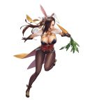  1girl animal_ears breasts brown_hair carrot cleavage cuboon fake_animal_ears fire_emblem fire_emblem_heroes fire_emblem_if food full_body gloves hair_over_one_eye hairband highres holding holding_carrot holding_food kagerou_(fire_emblem_if) large_breasts leg_up long_hair looking_away looking_to_the_side official_art open_mouth pantyhose rabbit_ears simple_background solo thigh_gap transparent_background 