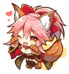  1girl ;d animal_ears bangs black_legwear blush bow breasts brown_eyes chibi cleavage commentary_request eyebrows_visible_through_hair fang fate/extra fate/grand_order fate_(series) fox_ears fox_girl fox_tail full_body gloves hair_between_eyes hair_bow hands_up japanese_clothes kimono large_breasts long_hair long_sleeves looking_at_viewer natsuki_marina one_eye_closed open_mouth paw_gloves paw_shoes paws pink_hair ponytail red_bow red_kimono shoes smile solo tail tamamo_(fate)_(all) tamamo_cat_(fate) thigh-highs wide_sleeves 