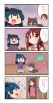  !? /\/\/\ 2girls 4koma :d animal anko_(love_live!_sunshine!!) bangs blue_hair brown_eyes comic commentary dog eyewear_on_head frown grey_legwear grey_skirt hair_ornament hairclip jacket kotatsu long_hair long_sleeves love_live! love_live!_sunshine!! miyako_hito multiple_girls open_mouth pantyhose pet_carrier pink_skirt purple_shirt redhead sakurauchi_riko shirt side_bun sitting skirt smile sunglasses sweatdrop table translation_request tsushima_yoshiko |_| 